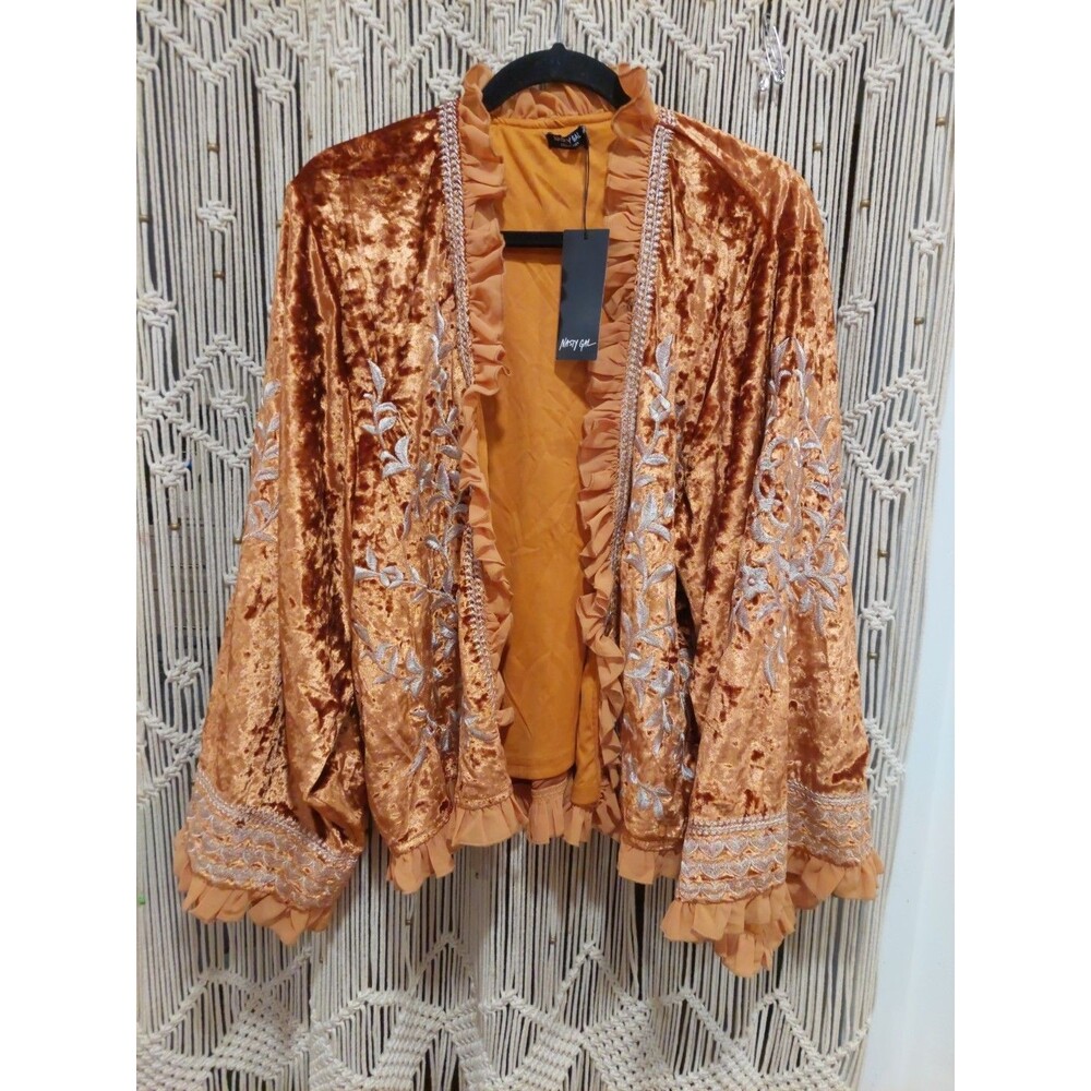 NWT Nasty Gal Boho Burnt Orange Velvet Embroidered Kimono Jacket Womens Size 4 S